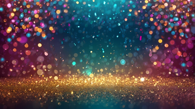 Shimmering Celebration: An ethereal backdrop of cascading glitter, shimmering with vibrant hues of pink, purple, and turquoise, evokes a sense of festive joy and celebration. This abstract.