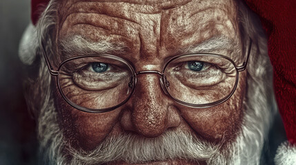 A cheerful man wearing a Santa hat and glasses exudes warmth with his smile. The close-up focuses on his expressive face, highlighting the festive spirit. Generative AI