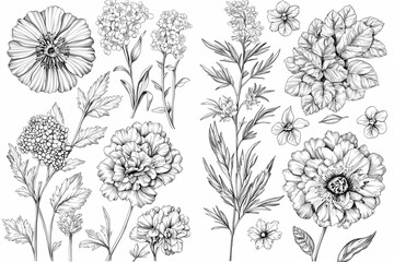 Hand-drawn Floral Illustrations in Black and White for Design Use
