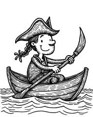  Young Pirate Rowing Wooden Boat at Sea
