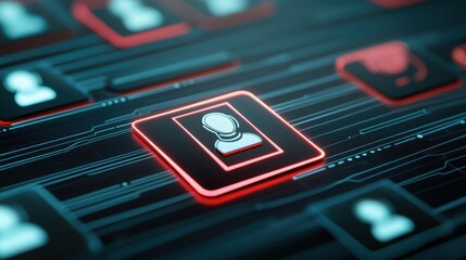 Vivid red square button on dark black background, study in contrast and minimalist design