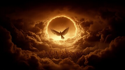 Dove descending through fiery halo, clouds, and crowd below.