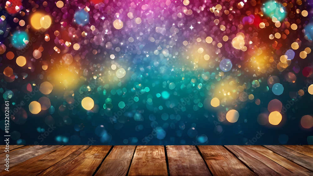 Aufkleber dreamy bokeh lights with wooden platform: a mesmerizing backdrop of colorful bokeh lights and a rust