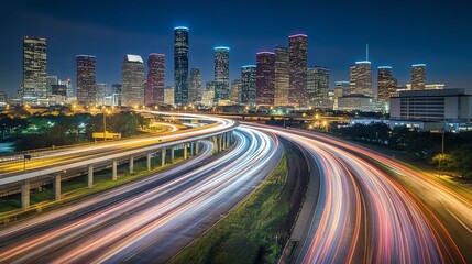 Naklejka premium Vibrant city skyline at night with light trails of traffic on a busy highway.