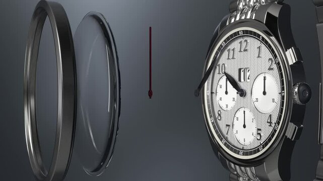 Chronograph watch is gradually assembled from the main watch parts on a gray background. 3d animation