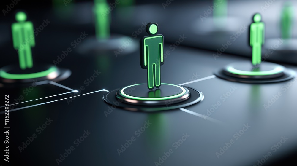 Poster vibrant green button on sleek black background, modern design element for technology and user interf