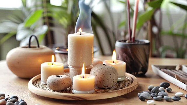 daylight candels, smoke from an incense stick, morning ritual still life with candles and relaxing studio with luxury stuff, stone statues, aromatherapy, light movement of candle flames, tropica