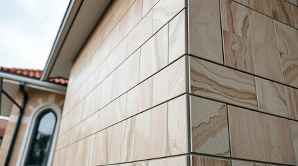 Light Beige Sandstone Tile Cladding on Exterior Wall