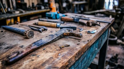 Vibrant Tools on Workbench with Detailed Close-Up