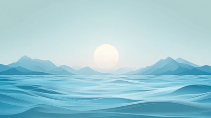 Serene Blue Mountains and Wavy Ocean Scene