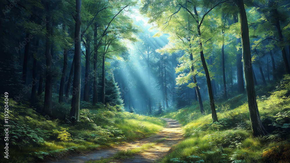 Poster serene forest path with sunlight filtering through trees