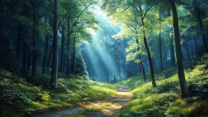 Obraz premium serene forest path with sunlight filtering through trees
