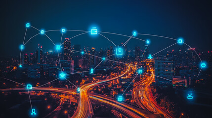 Naklejka premium Smart digital city with connection cyber security network reciprocity over the cityscape . future smart wireless digital city and social media networking systems that connects people within the city