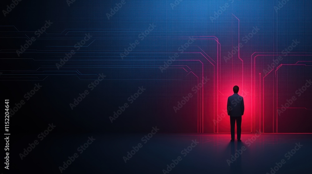 Poster man and circuitry, visual contrast of human presence technological complexity in red light