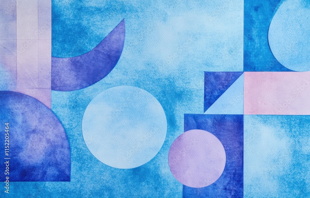 Poster blue background with geometric shapes and paper texture, light blue watercolor background with copy 