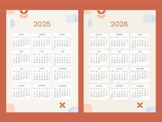 Simple calendar 2025, 2026 year, week starts on Monday. Corporative geometric wall calendar for office