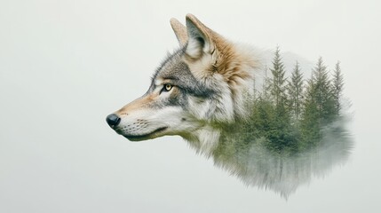Wolf in Enchanted Forest Double Exposure - Mystical wolf portrait, double exposure effect, blending wildlife with nature, symbolizing freedom, wilderness, magic, mystery, and connection.