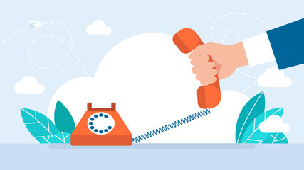 Hand picking up the phone on white background. Contact service or urgent call concept. Phone answer concept. Hand holding telephone receiver. Talking with service support hotline. Flat illustration