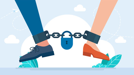 Chained in marriage husband and wife. Shackled couple in love suffers from lack personal freedom. Controlled family slave, tying up or restraining life partner, heavy unity load. Flat illustration