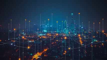 Naklejka premium Smart digital city with connection cyber security network reciprocity over the cityscape . future smart wireless digital city and social media networking systems that connects people within the city