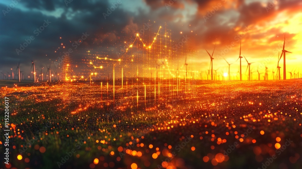 Aufkleber renewable energy is being produced by wind turbines in a rural area as a stunning sunset casts color