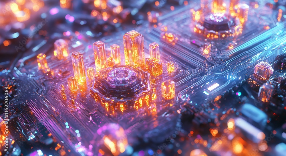 Poster a close-up of the chip's central core, with visible crystals and intricate patterns on its surface, 