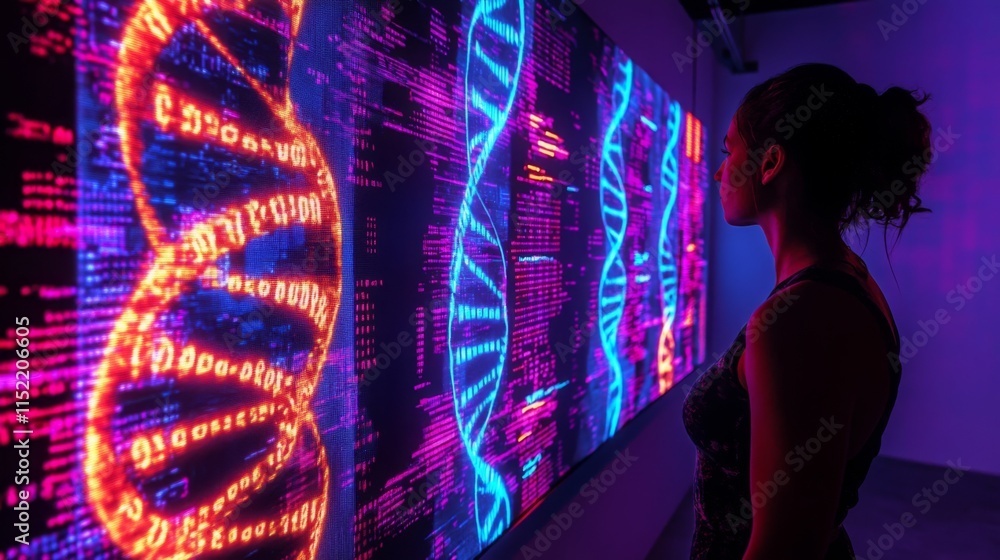 Poster A person stands captivated by vibrant displays of DNA sequences and bioinformatics data.