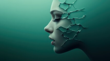 Shattered beauty, woman portrait with broken glass overlay symbolizing fragility and vulnerability