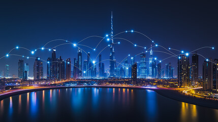 Smart digital city with connection cyber security network reciprocity over the cityscape . future smart wireless digital city and social media networking systems that connects people within the city