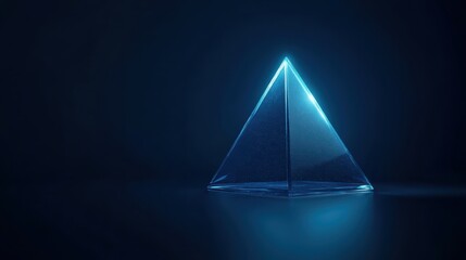 Abstract composition featuring luminous, enigmatic blue glass pyramid on dark background.