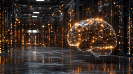 Glowing brain hologram in futuristic server room.