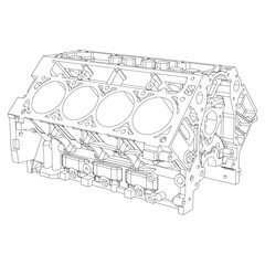 Engine block sketch. Vector illustration. Wire-frame style. The layers of visible and invisible lines are separated