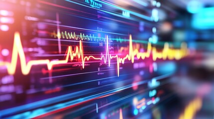 Obraz premium Vivid Digital Heartbeat Monitor Display - Pulsing heart rate, medical technology, digital health, vibrant display, data visualization. Represents advanced healthcare monitoring.