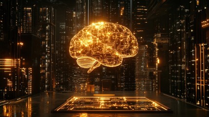 Obraz premium Glowing brain hologram over futuristic city at night.