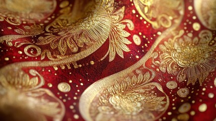 Fototapeta premium A close-up of ornate fabric featuring intricate gold floral patterns on a rich red background.