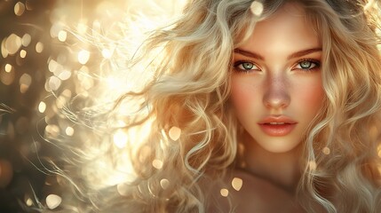 Beautiful Blonde Girl with Long Shiny Wavy Hair Posing Outdoors