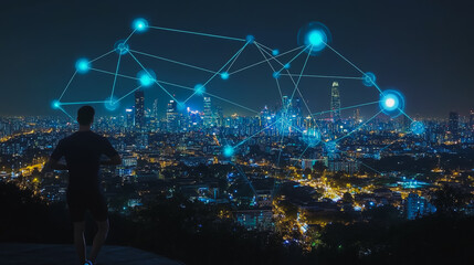 Fototapeta premium Smart digital city with connection cyber security network reciprocity over the cityscape . future smart wireless digital city and social media networking systems that connects people within the city