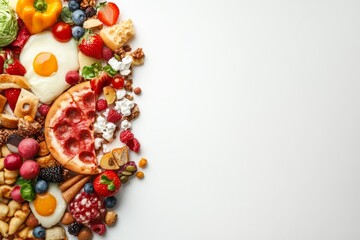 Isolated Food Variety on White Background - A vibrant collection of breakfast, pizza, berries, and sweets arranged artistically on a pristine white surface. Symbolizing abundance, variety, indulgence,