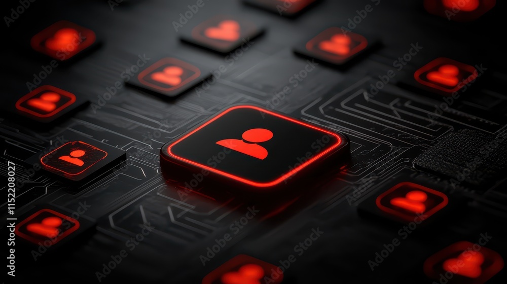 Poster red square button on black circuit board, symbol of power and control in modern technology