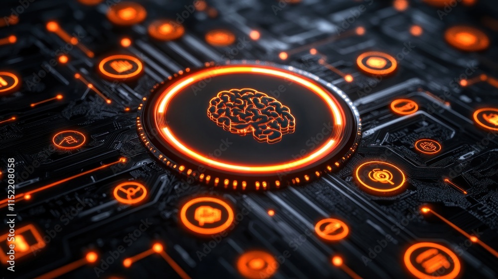 Poster glowing brain icon on circuit board, representing ai, neural networks, and digital intelligence.