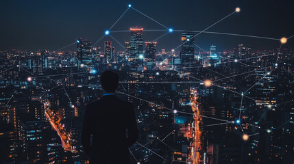 Fototapeta premium Smart digital city with connection cyber security network reciprocity over the cityscape . future smart wireless digital city and social media networking systems that connects people within the city
