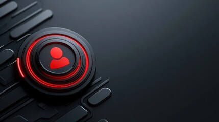 Red button on black background, bold contrast in design and photography 
