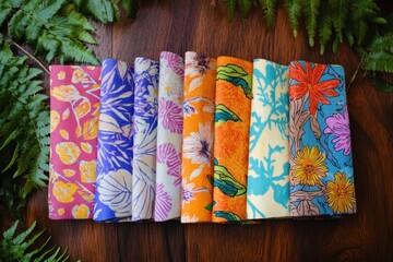 Colorful Floral Fabric Samples Arranged on Wood
