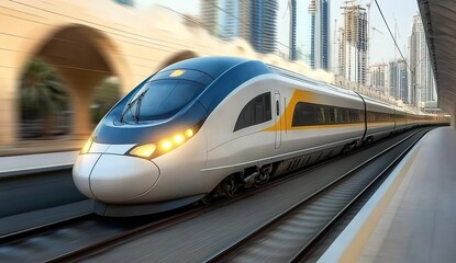 A photo of a modern high-speed train in motion, white and grey with a blue roof and yellow details on the front and side windows.