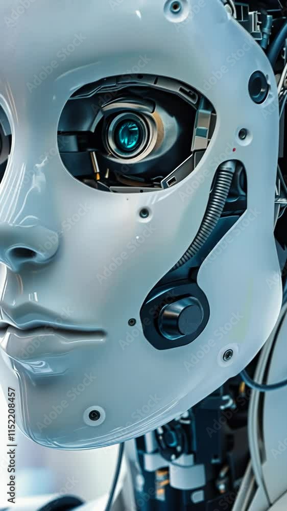 Poster futuristic robotic face showing intricate details and advanced technology in a lab environment