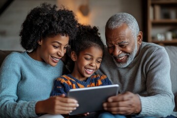 Happy family enjoying time together using a tablet