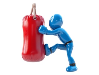 Blue Figure Kicking Red Punching Bag on Transparent Background