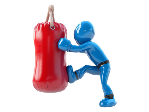 Blue Figure Kicking Red Punching Bag on Transparent Background