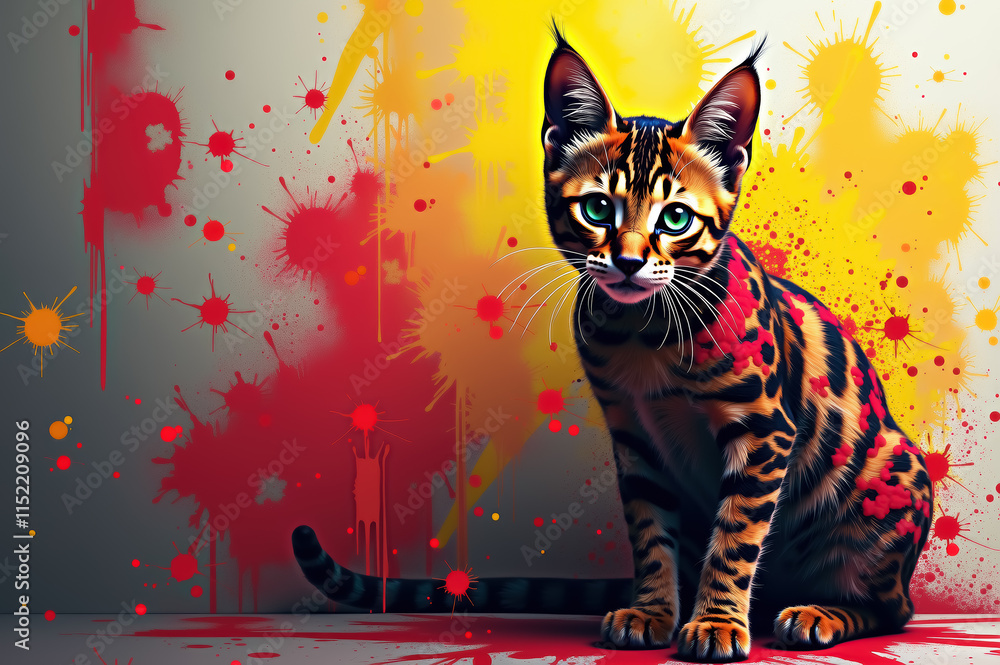 Poster vibrant abstract art with colorful cat and splashing paints