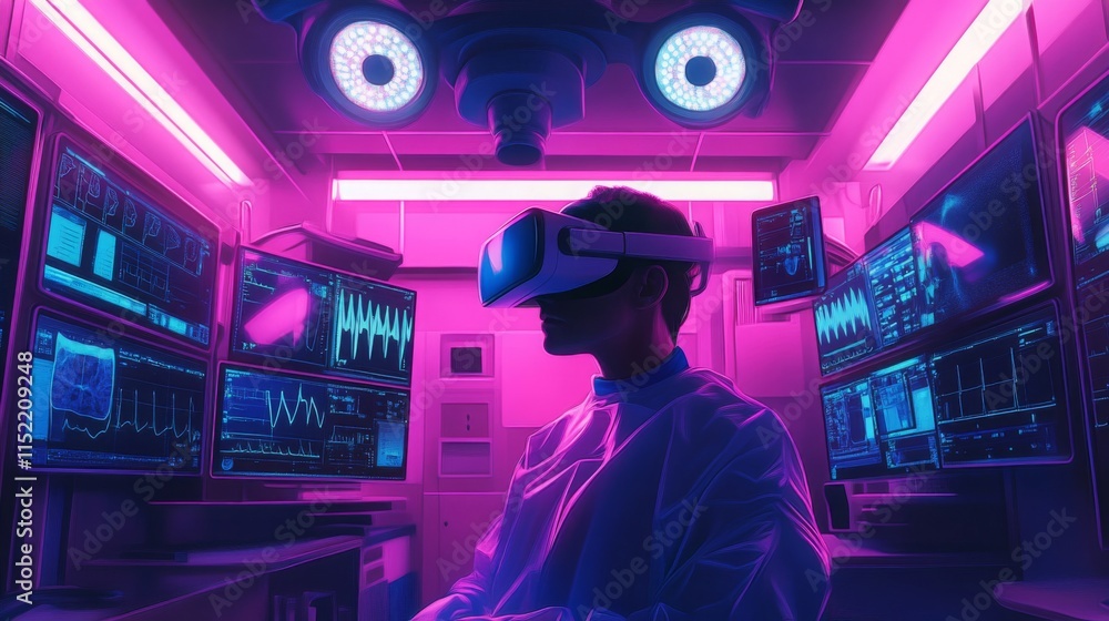 Poster A person wearing a virtual reality headset engages with intricate data displays in a high-tech laboratory.